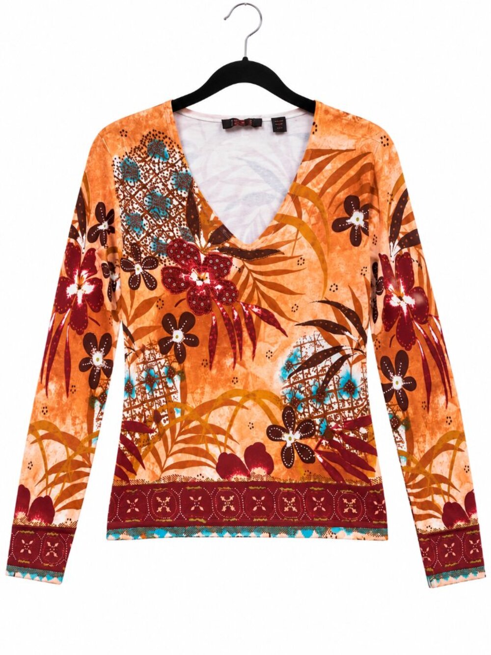 Cyrus Embellished Floral V-Neck Sweater Tan Burgundy Size S